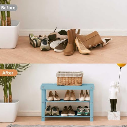 Apicizon Bamboo Shoe Rack Bench, 3-Tier Entryway Organizer, Blue