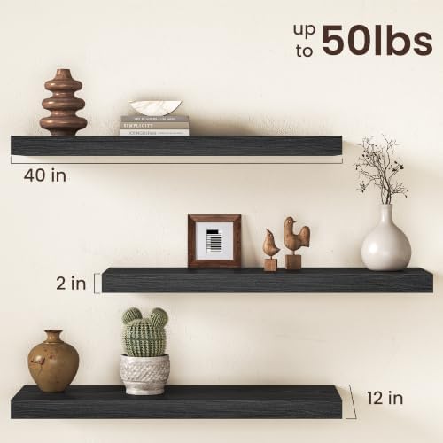 12" Deep Floating Shelves for Wall, 40" Long Black Wood Wall Shelves, Set of 2, 2" Thick Rustic Storage & Display Shelves with Invisible Brackets for Living Room Bedroom Kitchen