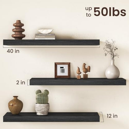 12" Deep Floating Shelves for Wall, 40" Long Black Wood Wall Shelves, Set of 2, 2" Thick Rustic Storage & Display Shelves with Invisible Brackets for Living Room Bedroom Kitchen