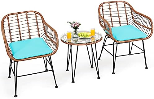 Tangkula 3 Pieces Patio Conversation Bistro Set, Outdoor Wicker Furniture w/Round Tempered Glass Top Table & 2 Rattan Armchairs, Bistro Chat Set w/Seat Cushions for Porch, Backyard, Garden