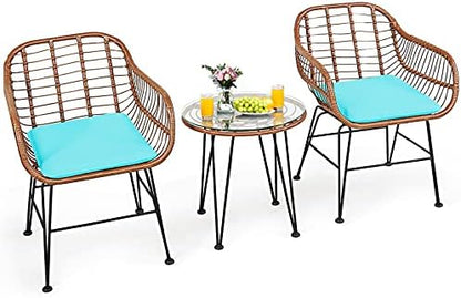 Tangkula 3 Pieces Patio Conversation Bistro Set, Outdoor Wicker Furniture w/Round Tempered Glass Top Table & 2 Rattan Armchairs, Bistro Chat Set w/Seat Cushions for Porch, Backyard, Garden