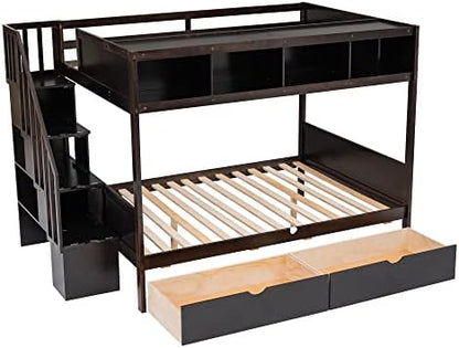 Harper & Bright Designs Twin Over Full Bunk Bed with Drawers, Wood Bunk Bed Frame with Shelves, Storage Staircase, Bedroom Furniture, Espresso