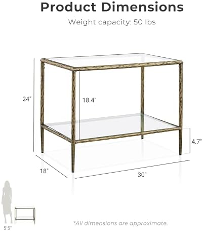 24/7 Shop at Home Lalia Modern 30-inch Metal End Table with Tempered Glass Top and Shelf, Hammered Steel Frame for Living Room, Matte Gold