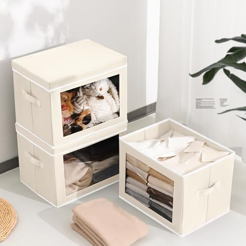Storage Bins with Lids, 4 Pack Large Storage Cubes with Window, Closet Bins with Lids & Handles, Fabric Box for Organizing Clothes, Towels, Books, Beige