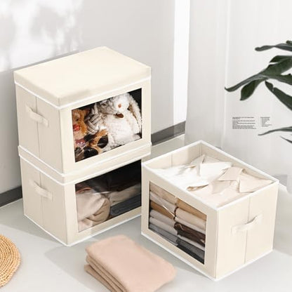 Storage Bins with Lids, 4 Pack Large Storage Cubes with Window, Closet Bins with Lids & Handles, Fabric Box for Organizing Clothes, Towels, Books, Beige