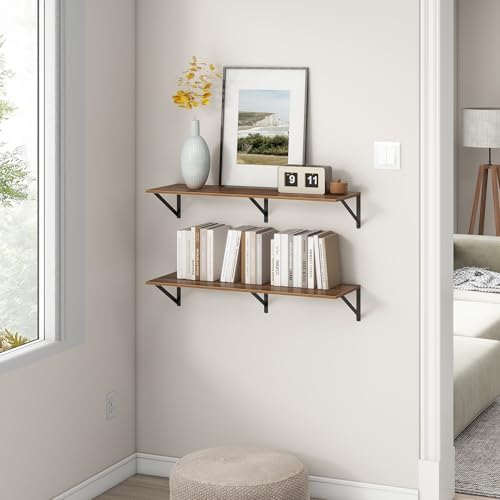 36"W x 12"D Floating Shelves, Walnut Deep Floating Shelves for Wall with Brackets, 12 Inch Deep Wall Shelves for Books, Wide Display Storage Shelves for Bathroom, Living Room, 36 Inch Long, Set of 2