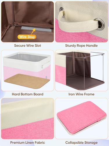 BALEINE 3 Pack Fabric Closet Storage Bins for Shelves, Linen Closet Organizers and Storage, Decorative Baskets for Organizing, Shelf, Clothes, Home, Office (Pink, 17''x13''x10.5'')
