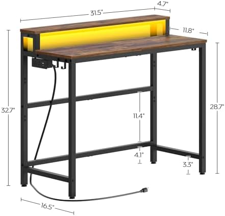 YATINEY Small Computer Desk with Charging Station and LED Lights, Gaming Desk with Monitor Stand, 2-Tier Home Office Desk with 4 Side Hooks, for Living Room, Home Office, Rustic Brown DN01UDBRY2