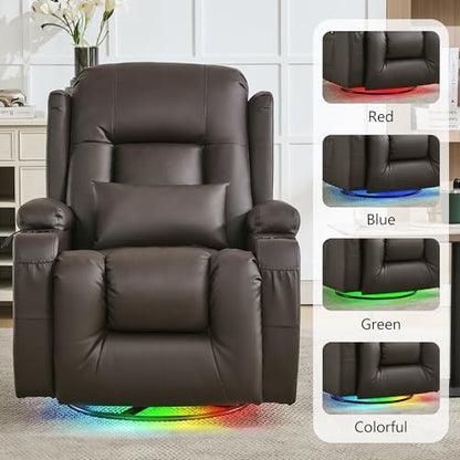 URRED Swivel Rocker Recliner Chair with LED Ambient Lights for Adults，Brown