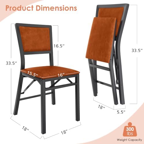 VECELO Folding Dining Chairs Set of 2, Metal Padded Foldable Seating with Comfortable Faux Leather, Space-Saving Portable Guest Seats for Kitchen & Office, No Assembly, Cognac Brown