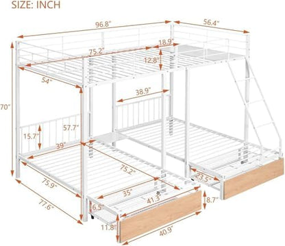 MERITLINE Detachable Full Over Twin & Twin Bunk Bed with Storage and Ladder,Metal Triple Bunk Bed with Drawers and Guardrails,Space-Noise Free, No Box Spring Needed (White)