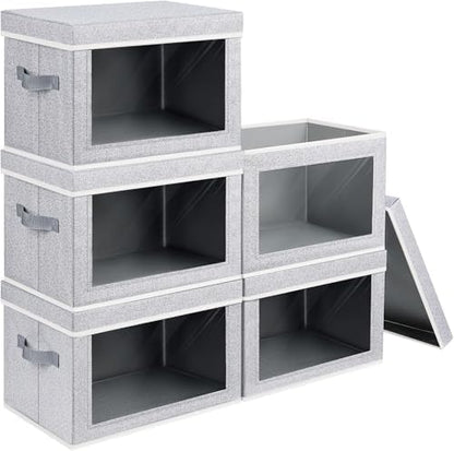 Stackable Storage Bins with Lids - Large Decorative Basket with Lids, Fabric Foldable Closet Organizer Bins, Shelf Organizer for Living Room, Dorm, 5 Pack, Blended