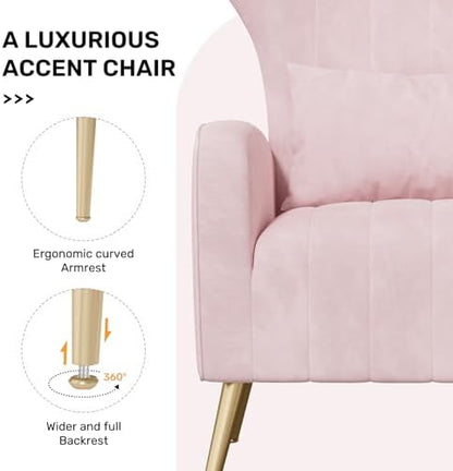 Nebuaegis Pink Velvet Accent Chair Set of 4, Wingback Chair for Living Room, High Back Arm Chair with Golden Legs Lumbar Pillow, Upholstered Single Sofa Bedroom