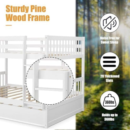 Twin Over Twin Bunk Bed with Trundle, Solid Wood Bed Frame with Ladder & Safety Guardrails, Space Saving Bunk Bed for Kids Teens Adults Guest Room, Convertible Design, White