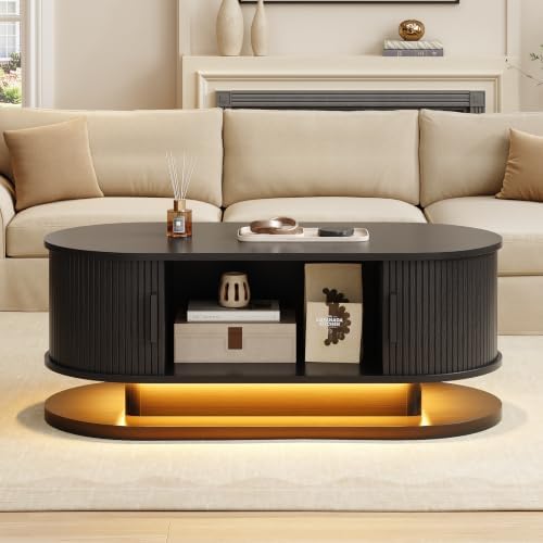 ONBRILL 43.3" Oval Floating Coffee Table with LED Light, Black