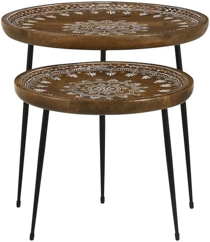 Coaster Home Furnishings - Nuala - 2-Piece Round Mango Wood Nesting Tables with Tripod Legs and Hand-Painted Floral Motifs - Mid-Century Modern - Living Room - Honey Finish - 935984