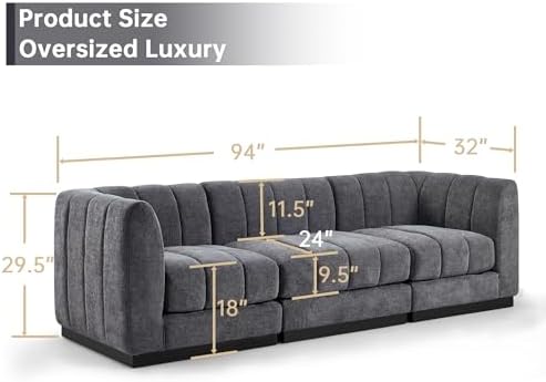 Morden Fort 94'' Luxury Modern Sofa, 3 Seater Modular Sectional Couch, Deep Seat Sofas, Minimalist Style Comfy Couches for Living Room Apartment, Chenille, Grey