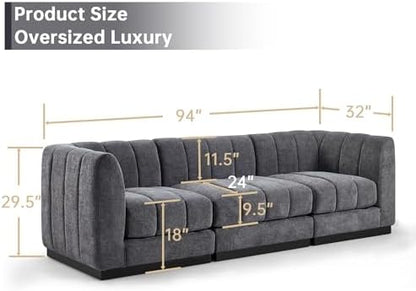 Morden Fort 94'' Luxury Modern Sofa, 3 Seater Modular Sectional Couch, Deep Seat Sofas, Minimalist Style Comfy Couches for Living Room Apartment, Chenille, Grey