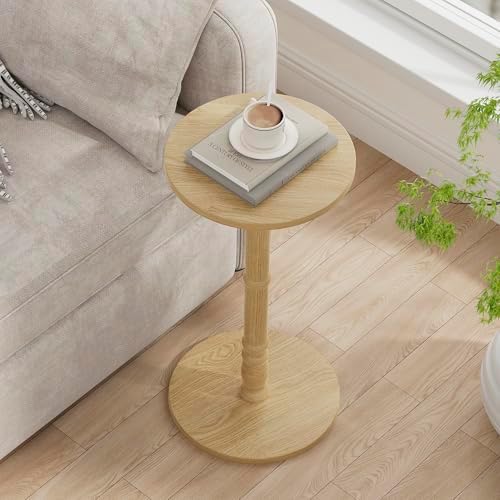 Round Side Table with Solid Wood Pillar, Small Drink Table