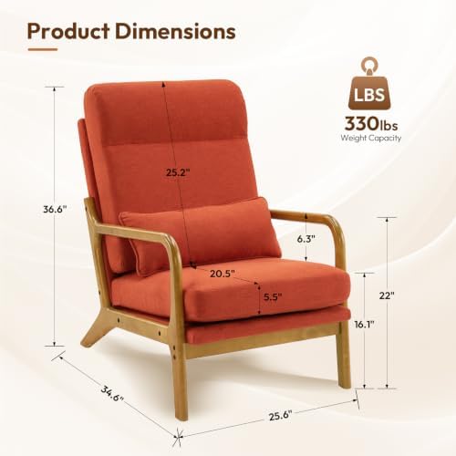 Bonnlo High Back Linen Burnt Orange Mid Century Modern Accent Chair, Soild Wood Padding Lounge Armchairs Side Sitting Chairs for Living Room, Bedroom, Guest Room