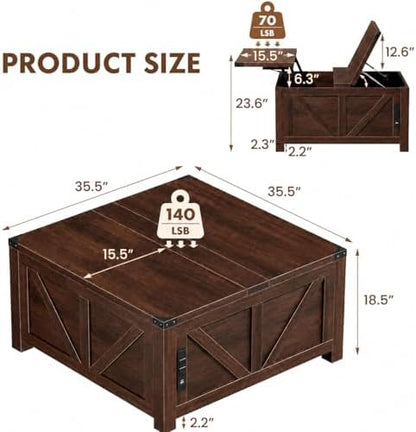 Simple Deluxe Lift Top Coffee Table with Storage, 35.5" Square Coffee Tables for Living Room, Farmhouse Coffee Table with Power Outlets, Coffee Tables with Lifting Top for Living Room (Brown)