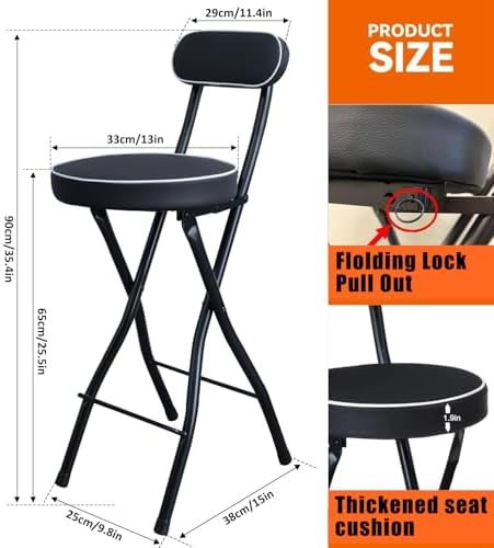 UWEAR 1 PCS Folding Bar Stool with Back, Tall Foldable Stool Seat Padded Portable Stools Counter Height Foldable Stools Chairs Collapsible Stool for Adults Kitchen Island (Black)