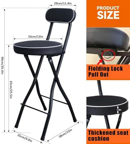UWEAR 1 PCS Folding Bar Stool with Back, Tall Foldable Stool Seat Padded Portable Stools Counter Height Foldable Stools Chairs Collapsible Stool for Adults Kitchen Island (Black)