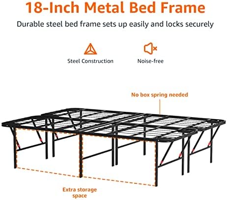 Amazon Basics Bed Frame with Storage, Foldable Metal Platform, Sturdy Steel, No Box Spring Needed, 18 inches High, Tool-Free Setup, Full Size, Black