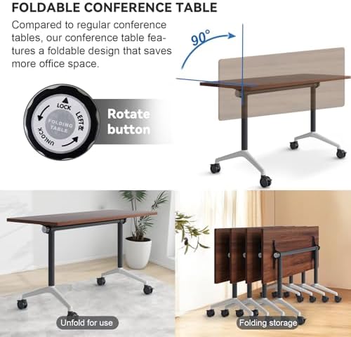 Folding Conference Room Tables, Seminar Conference Table Modern Flip Top Training Meeting Tables, Conference Room Table with Wheels for Home Office Classr,4 Pack 55.1inch