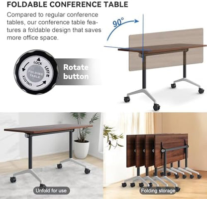 Folding Conference Room Tables, Seminar Conference Table Modern Flip Top Training Meeting Tables, Conference Room Table with Wheels for Home Office Classr,4 Pack 55.1inch