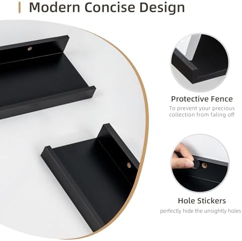 Picture Ledge Shelf, MDF Wood Floating Shelves Set of 2, Picture Ledge Photo Ledge Wall Mounted for Living Room Kids' Room Bedroom, Color Black (Black, 24in-2pcs)