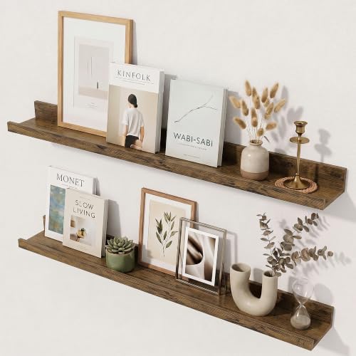 Picture Ledge Shelf, 28'' Brown Floating Shelves with Lip Set of 2