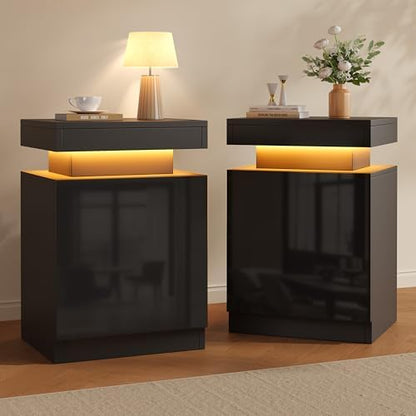 LED Nightstands Set of 2, 17 Inches Night Stand Set 2, Modern Bedside Table with LED Lights, High Gloss Surface, End Table with Storage for Bedroom, Black