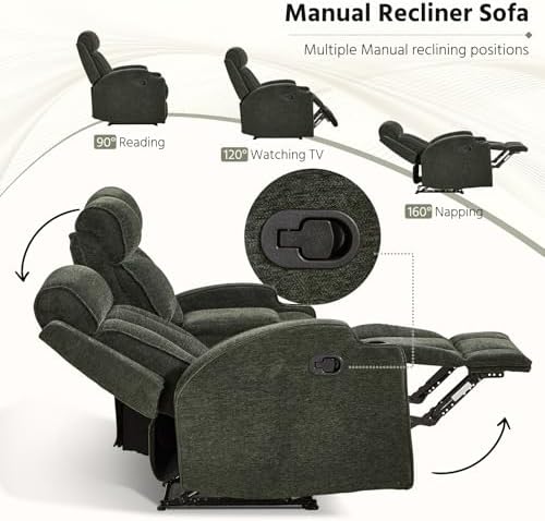 HAOMARKETS 2-Piece Manual Recliner Sofa Set, Included Loveseat 2-Seater with Center Console and 3-Seater Couches, Overstuffed Fabirc Reclining Couches with Cup Holders for Living Room, Green