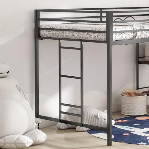 GDFStudio Junior Twin Loft Bed Frame, Twin Size Corner Bed with Cinnamon Wood Shelf,No Box Spring Needed, Noise Free, Black