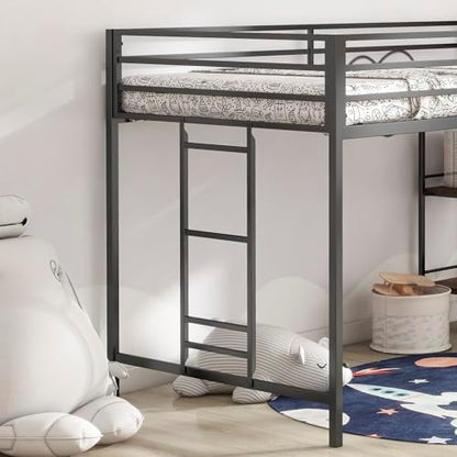 GDFStudio Junior Twin Loft Bed Frame, Twin Size Corner Bed with Cinnamon Wood Shelf,No Box Spring Needed, Noise Free, Black