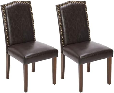 Kitchen Chairs Set of 2 Modern Upholstered Fabric Seat with Nailhead Trim and Ergonomic Lumbar Support for Living Room and Rustic Farmhouse Dining Area, Dark Brown