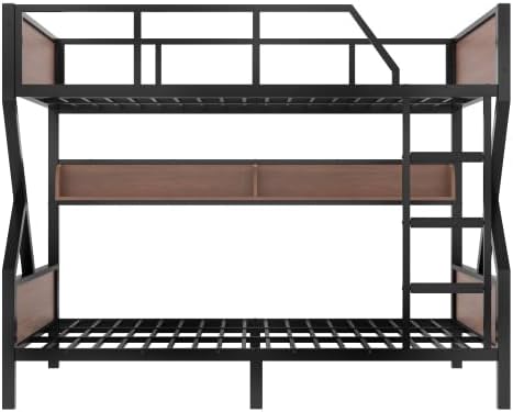 Bellemave Bunk Bed Queen Over Queen with LED, Heavy Duty Metal Bunk BedFrame with Storage Shelves and Lights, Black