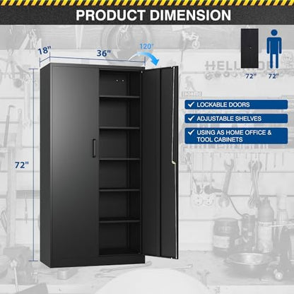 Metal Storage Cabinet-72” Tall Steel File Cabinet with Lockable Doors and Adjustable Shelves-Black Steel Storage Cabinet for Home, School, Office, Garage