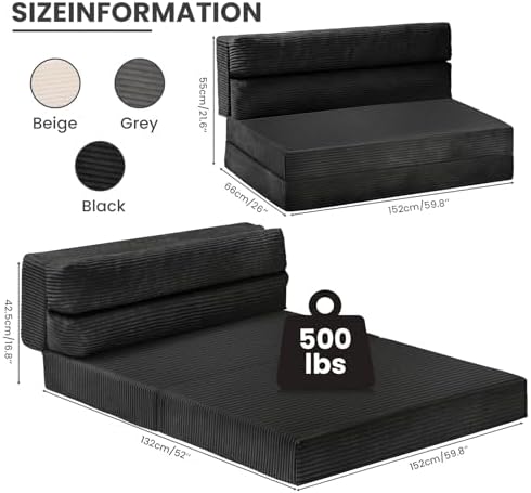 JUIKURY Folding Sofa Bed, Convertible Sleeper Chair with Pilow Foldable Matress, 2 in 1 Pull Out Loveseat Sofa Portable Fold Out Chair Bed Floor Couch Lounge for Living Room (Black, Queen)