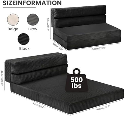 JUIKURY Folding Sofa Bed, Convertible Sleeper Chair with Pilow Foldable Matress, 2 in 1 Pull Out Loveseat Sofa Portable Fold Out Chair Bed Floor Couch Lounge for Living Room (Black, Queen)