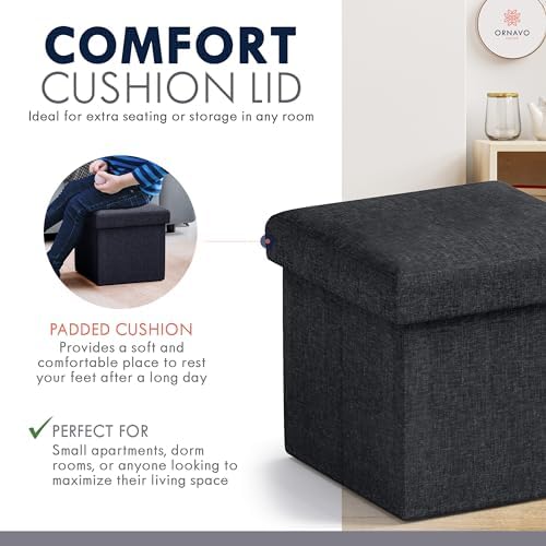 Ornavo Home Small Square Storage Ottoman, Set of 2, 12x12x12, Black