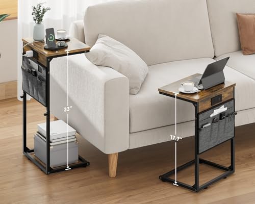 Vagusicc C-Shaped End Table with Charging Station, Small Side Table for Couch, 33" Tall C Table Adjustable Height Side Table, Couch Tables that Slide Under, Sofa Table TV Tray for Living Room, Brown