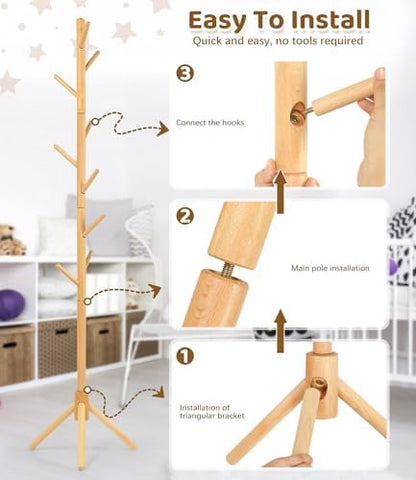 Beech Wood Kids Coat Rack - Adjustable Height Stand with 9 Hooks, Freestanding Children's Clothing Organizer for Hallway, Bedroom, Easy Assembly (Natural)