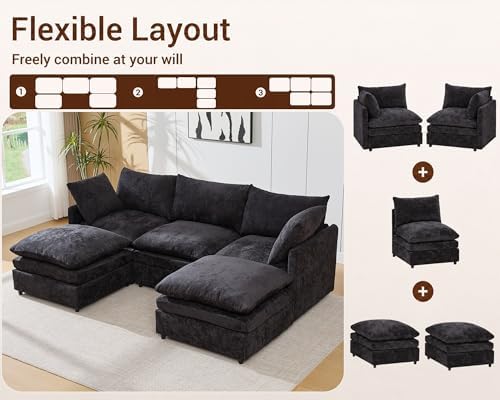 97" Cloud Couch Sectional Sofas for Living Room, U Shape Modular Cloud Sofa with Movable Ottoman, Chenille Comfy Couches 5 Deep Seats for Apartment, Office, Bedroom, Black