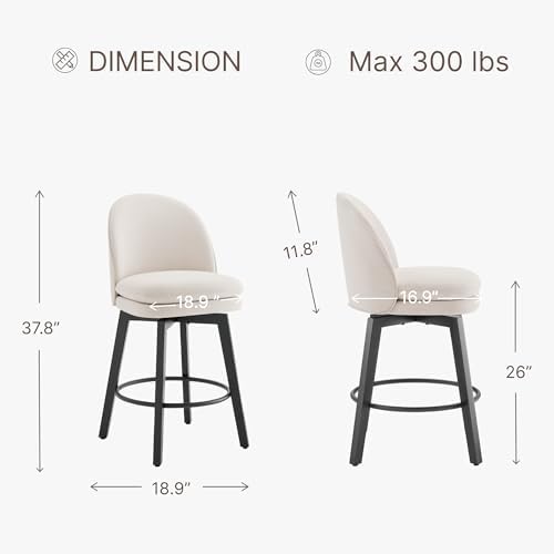 KISLOT Counter Height Barstools 26 inch Upholstered Swivel Bar Stools with Back and Wood Legs for Kitchen Island,Set of 2,Ivory Fabric-Armless