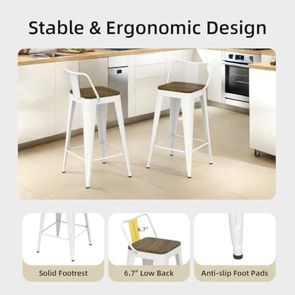 Bar Stools Set of 2, Metal Bar Stools with Wooden Seat, Modern 30”Counter Height Barstools with Low Back, White
