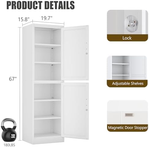 67" Tall Narrow Metal Storage Cabinet with Lock, Locking File Cabinet with 4 Adjustable Shelves and 2 Doors, Steel Locker Cabinets for Bathroom, Kitchen, Home Office, School(White)