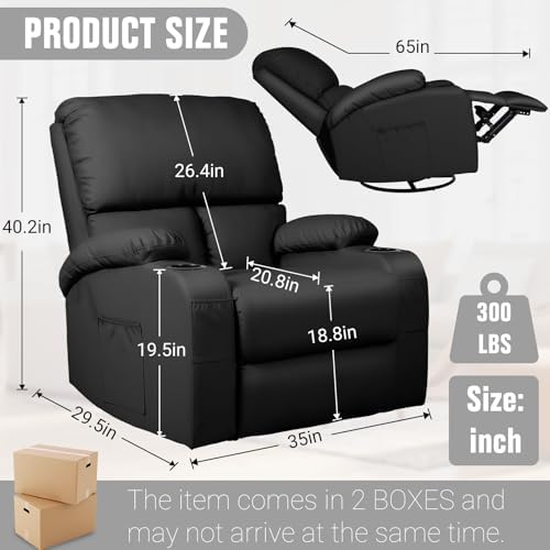 LAFWELL Rocking Recliner Chair, Massage Rocker Recliner Chair with Vibration Massage and Heat, USB and Type-C Ports,360° Swivel Faux Leather Chairs, Living Room, Bedroom, Nursery, RV, Black