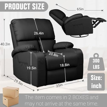 LAFWELL Rocking Recliner Chair, Massage Rocker Recliner Chair with Vibration Massage and Heat, USB and Type-C Ports,360° Swivel Faux Leather Chairs, Living Room, Bedroom, Nursery, RV, Black
